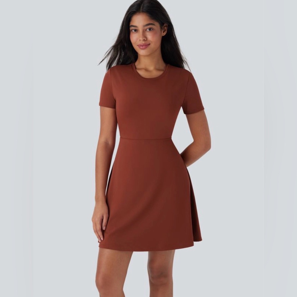 HALARA Cut Out Flare Mini Dance Active Dress D-F Cups Size L Brandy Brown NWT - Picture 2 of 7